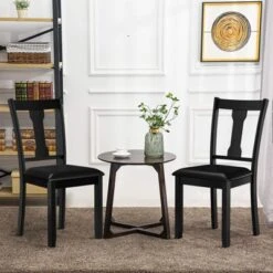 Tangkula Set Of 2 Dining Room Chairs Modern Wood Dining Side Chair High Back Kitchen Chairs With Rubber Wood Frame Black/Coffee