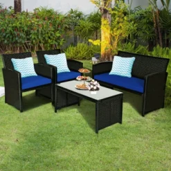 Tangkula 4 Piece Outdoor Patio Rattan Furniture Set Navy Cushioned Seat For Garden, Porch, Lawn