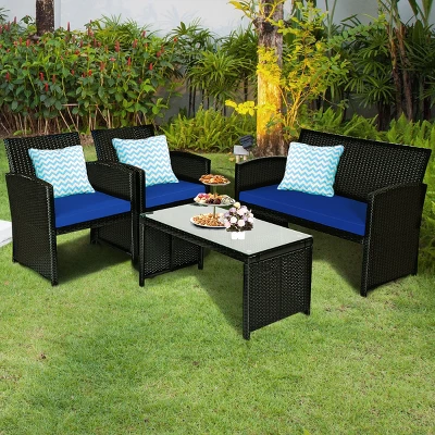 Tangkula 4 Piece Outdoor Patio Rattan Furniture Set Navy Cushioned Seat For Garden, Porch, Lawn 3 Tangkula 4 Piece Outdoor Patio Rattan Furniture Set Navy Cushioned Seat For Garden, Porch, Lawn