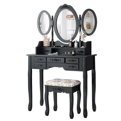 Tangkula Tri-Folding Mirror Vanity Makeup Set Dressing Table & Stool Unit W/ 7 Drawer 7 Tangkula Tri-Folding Mirror Vanity Makeup Set Dressing Table & Stool Unit W/ 7 Drawer - Image 5