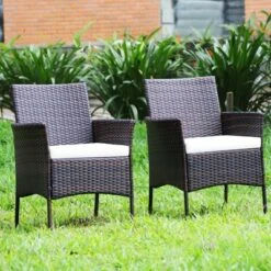 Tangkula Outdoor 2 PCS Rattan Dining Chair Patio Cushioned Arm Chair W/Zipper Brown -Tangkula GUEST 360255a7 5fc5 4a28 aece d4fa8be4ee8f