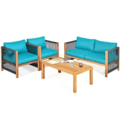 Tangkula 4-Piece Outdoor Patio Wood Conversation Furniture Set Padded Chair With Coffee Table Turquoise -Tangkula GUEST 3d58e185 80f9 4854 8912 3a642531bfe5