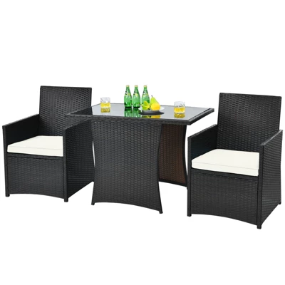 Tangkula 3PCS Patio Rattan Dining Set Space-Saving Furniture Set With Tempered Glass Top Table And Cushioned Chairs 10 Tangkula 3PCS Patio Rattan Dining Set Space-Saving Furniture Set With Tempered Glass Top Table And Cushioned Chairs - Image 8