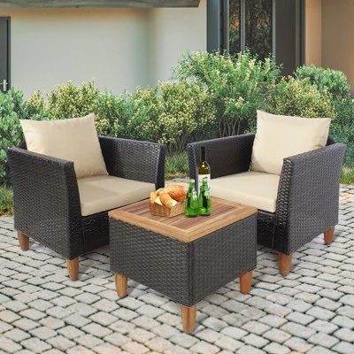 Tangkula 3 Pieces Outdoor Rattan Furniture Set Wicker Bistro Set Wooden Table Top With Cushions 3 Tangkula 3 Pieces Outdoor Rattan Furniture Set Wicker Bistro Set Wooden Table Top With Cushions