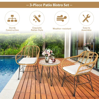 Tangkula 3 Pieces Patio Furniture Set W/Tempered Glass Coffee Table Set For Garden And Backyard White/Red/Turquoise/Grey/Black Cushions 8 Tangkula 3 Pieces Patio Furniture Set W/Tempered Glass Coffee Table Set For Garden And Backyard White/Red/Turquoise/Grey/Black Cushions - Image 6