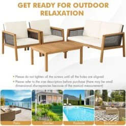 Tangkula 4-Piece Patio Acacia Wood Furniture Set Outdoor PE Rattan Conversation Set With Removable Cushions -Tangkula GUEST 415651b9 1205 49fc 955f 297827245436