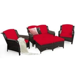 Tangkula 5 PCS Patio Rattan Sectional Sofa Set Outdoor Furniture Conversation Set Cushioned Loveseat Sofa Ottoman -Tangkula GUEST 42588680 515a 4477 81b6 d3ed2ee265eb