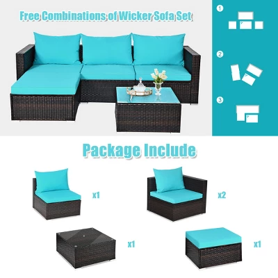Tangkula 5PCS Patio Rattan Wicker Sofa Furniture Set Sectional Conversation Sofa Set Blue 9 Tangkula 5PCS Patio Rattan Wicker Sofa Furniture Set Sectional Conversation Sofa Set Blue - Image 7