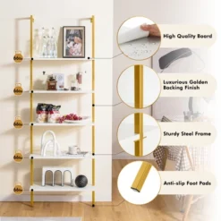 Tangkula 5 Tier Ladder Shelf 71" Open Wall-Mounted Bookcase With Golden Steel Frame -Tangkula GUEST 494c31fb 03ae 4764 a6aa 5aa4f268ca73