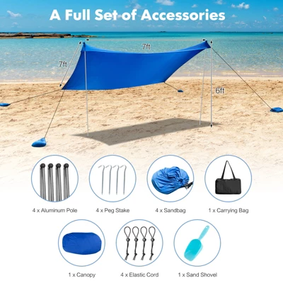 Tangkula 7'x7' Beach Tent Canopy W/ 4 Poles Sandbag Anchors UPF50+ Blue/Green/Purple 7 Tangkula 7'x7' Beach Tent Canopy W/ 4 Poles Sandbag Anchors UPF50+ Blue/Green/Purple - Image 5