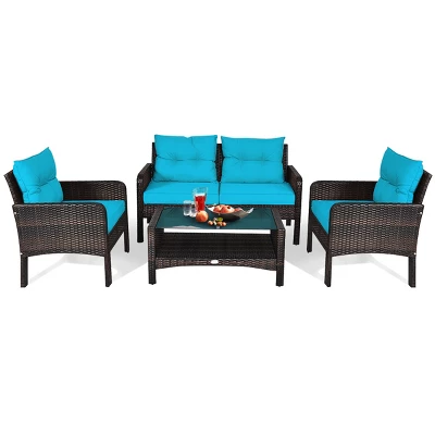 Tangkula 4 Piece Patio Conversation Set Rattan Wicker Loveseat Sofa Coffee Table & Glass Top Red/Turquoise Cushions 11 Tangkula 4 Piece Patio Conversation Set Rattan Wicker Loveseat Sofa Coffee Table & Glass Top Red/Turquoise Cushions - Image 9