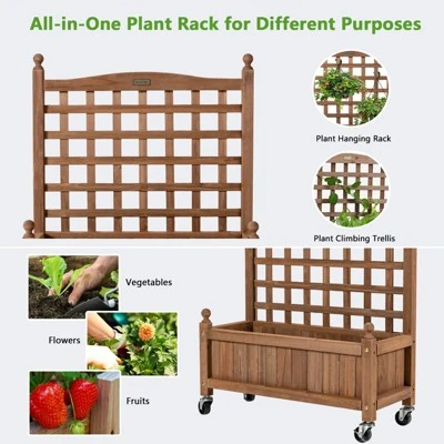 Tangkula 32in Wood Planter Box With Trellis And Wheels Mobile Plant Raised Bed For Indoor&Outdoor 5 Tangkula 32in Wood Planter Box With Trellis And Wheels Mobile Plant Raised Bed For Indoor&Outdoor - Image 3
