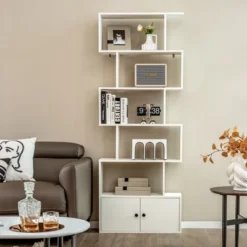 Tangkula 2PCS 6-tier Geometric Bookcase S-shaped Z-shelf Bookshelf Cabinet W/ Doors White -Tangkula GUEST 4f725396 b0a7 43f8 82d8 1c0281335562