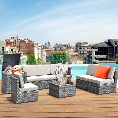 Tangkula 8-Piece Outdoor Wicker Rattan Conversation Sofa Set W/ Storage Table White/Black/Turquoise 4 Tangkula 8-Piece Outdoor Wicker Rattan Conversation Sofa Set W/ Storage Table White/Black/Turquoise - Image 2