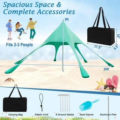 Tangkula 20 X 20 FT Beach Tent Beach Canopy W/ UPF50+ Sun Protection Carrying Bag & Sand Shovel Aluminum Pole & 6 Ground Stakes Blue/Green 10 Tangkula 20 X 20 FT Beach Tent Beach Canopy W/ UPF50+ Sun Protection Carrying Bag & Sand Shovel Aluminum Pole & 6 Ground Stakes Blue/Green - Image 8