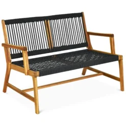 Tangkula 2-Person Outdoor Acacia Wood Bench Patio Loveseat Rope Bench Turquoise/Black -Tangkula GUEST 50fedbe0 ad4d 4627 a0b4 338ae4fd5b68