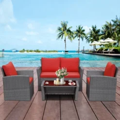 Tangkula 4-Piece Rattan Wicker Patio Outdoor Furniture Sofa Set With Cushions & Tempered Glass Table -Tangkula GUEST 51711164 fc0f 4362 831d c545bcc455bc