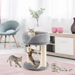 Tangkula Cat Tower Cat Activity Tree W/ Plush Perch & Scratching Posts Grey