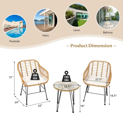 Tangkula 3 Pieces Patio Furniture Set W/Tempered Glass Coffee Table Set For Garden And Backyard White/Red/Turquoise/Grey/Black Cushions 10 Tangkula 3 Pieces Patio Furniture Set W/Tempered Glass Coffee Table Set For Garden And Backyard White/Red/Turquoise/Grey/Black Cushions - Image 8