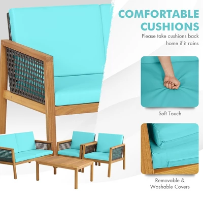 Tangkula 8PCS Patio Acacia Wood Furniture Set PE Rattan Conversation Set W/ Turquoise Cushions 9 Tangkula 8PCS Patio Acacia Wood Furniture Set PE Rattan Conversation Set W/ Turquoise Cushions - Image 7
