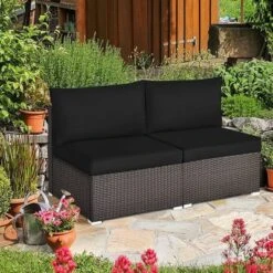 Tangkula 2PCS Patio Sectional Armless Sofas Outdoor Rattan Furniture Set W/ Cushions Black