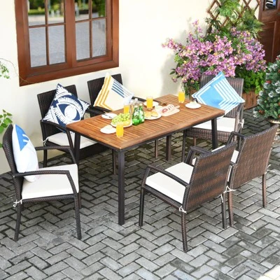 Tangkula 7PCS Patio Rattan Furniture Dining Set Wooden Table Cushioned Chair 4 Tangkula 7PCS Patio Rattan Furniture Dining Set Wooden Table Cushioned Chair - Image 2