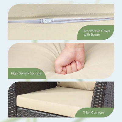 Tangkula 3 Pieces Outdoor Rattan Furniture Set Wicker Bistro Set Wooden Table Top With Cushions 7 Tangkula 3 Pieces Outdoor Rattan Furniture Set Wicker Bistro Set Wooden Table Top With Cushions - Image 5