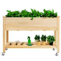 Tangkula Elevated Garden Bed Wood Planters With Storage Shelf Wheels & Liner Suitable For Vegetable Flower Herb -Tangkula GUEST 5d62c716 6270 4a62 81fa fd4d830e0dee