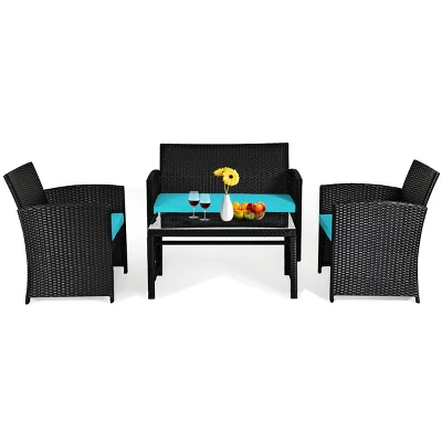 Tangkula 4 Piece Outdoor Patio Rattan Furniture Set Turquoise Cushioned Seat For Garden, Porch, Lawn 7 Tangkula 4 Piece Outdoor Patio Rattan Furniture Set Turquoise Cushioned Seat For Garden, Porch, Lawn - Image 5