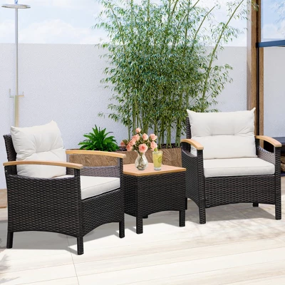 Tangkula 3PCS Patio PE Rattan Conversation Furniture Set Bistro Set Acacia Wood Tabletop 5 Tangkula 3PCS Patio PE Rattan Conversation Furniture Set Bistro Set Acacia Wood Tabletop - Image 3