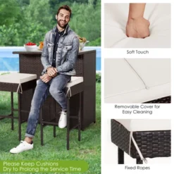 Tangkula 3PCS Patio Wicker Rattan Bar Set Table W/2 White Cushioned Stools -Tangkula GUEST 6142a4a5 81d3 4086 a6f8 03aef231089c