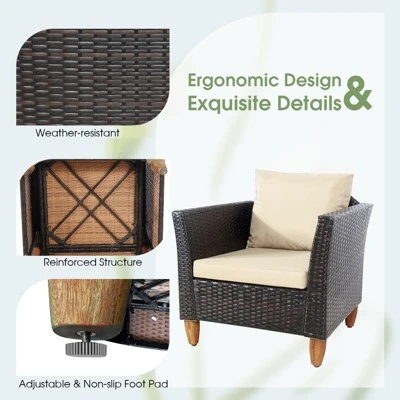 Tangkula 3 Pieces Outdoor Rattan Furniture Set Wicker Bistro Set Wooden Table Top With Cushions 5 Tangkula 3 Pieces Outdoor Rattan Furniture Set Wicker Bistro Set Wooden Table Top With Cushions - Image 3