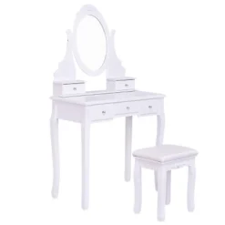 Tangkula Oval Vanity Mirror Dressing Table Beauty Dresser Cosmetics Organizer W/ Cushioned Bench -Tangkula GUEST 6200e8b0 20b8 436f b129 b60a6b107e28