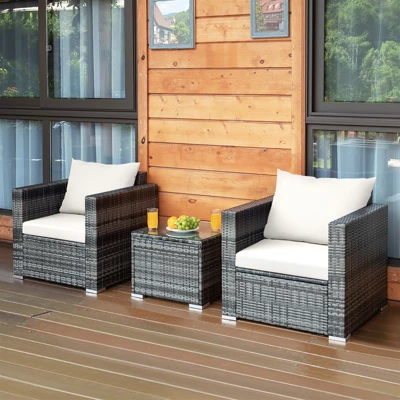 Tangkula 3-Piece Patio Wicker Conversation Set Bistro Rattan Sofa Chair With Washable Cushion 5 Tangkula 3-Piece Patio Wicker Conversation Set Bistro Rattan Sofa Chair With Washable Cushion - Image 3
