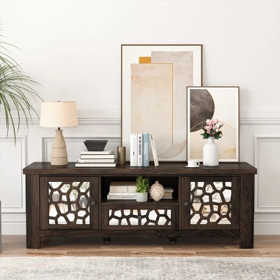 Tangkula 55" Retro TV Stand Media Entertainment Center W/ Mirror Doors & Drawer Brown 11 Tangkula 55" Retro TV Stand Media Entertainment Center W/ Mirror Doors & Drawer Brown - Image 9