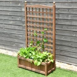 Tangkula Set Of 2 Wooden Plant Box Flower Plant Growing Box Holder With Trellis