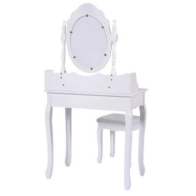 Tangkula White Vanity Mirror Wood Makeup Dressing Table Stool Set White (Mirror, 3 Drawers, Stool) 4 Tangkula White Vanity Mirror Wood Makeup Dressing Table Stool Set White (Mirror, 3 Drawers, Stool) - Image 2
