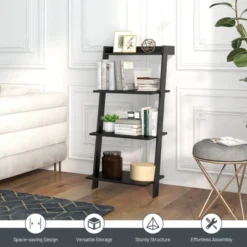 Tangkula 4-Tier Ladder Shelf 43” Tall Wooden Leaning Bookshelf Display Rack Modern Shelving Stand With Anti-tipping Device Black -Tangkula GUEST 67285618 5896 4550 810f 3f0afb56e61f