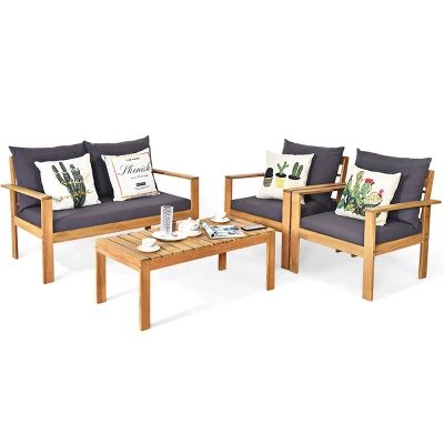 Tangkula 4 PCS Outdoor Acacia Wood Conversation Sofa Table Furniture Set W/ Grey Cushions 3 Tangkula 4 PCS Outdoor Acacia Wood Conversation Sofa Table Furniture Set W/ Grey Cushions