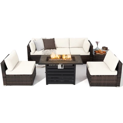 Tangkula 7PCS Patio Rattan Furniture Set 42" Fire Pit Table W/ Cover Cushioned 12 Tangkula 7PCS Patio Rattan Furniture Set 42" Fire Pit Table W/ Cover Cushioned - Image 10