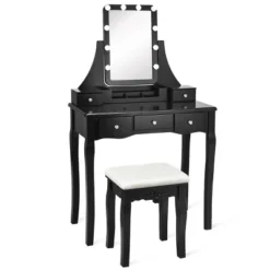 Tangkula LED Vanity Table Makeup Dresser Desk W/Drawers &Cushioned Stool Black/Brown/White -Tangkula GUEST 67ae6227 4794 4e0c 86d2 f7a095a354e2