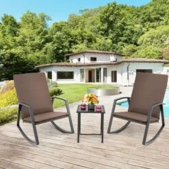 Tangkula 3PCS Rattan Bistro Rocking Chair Set Patio Furniture Set W/ Cushions