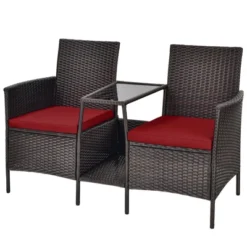 Tangkula Patio Loveseat 2 Person Cushioned Seats With Center Table Outdoor Rattan Furniture Set Turquoise/ Red -Tangkula GUEST 70820560 b4e5 4f6f beb5 d9159157cd66