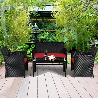 Tangkula 4 Piece Outdoor Patio Rattan Furniture Set Red Cushioned Seat For Garden, Porch, Lawn 4 Tangkula 4 Piece Outdoor Patio Rattan Furniture Set Red Cushioned Seat For Garden, Porch, Lawn - Image 2