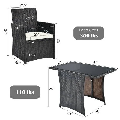 Tangkula 3PCS Patio Rattan Dining Set Space-Saving Furniture Set With Tempered Glass Top Table And Cushioned Chairs 4 Tangkula 3PCS Patio Rattan Dining Set Space-Saving Furniture Set With Tempered Glass Top Table And Cushioned Chairs - Image 2