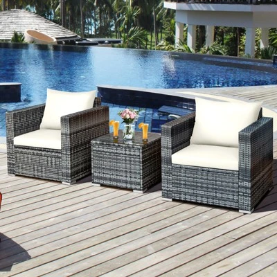 Tangkula 3-Piece Patio Wicker Conversation Set Bistro Rattan Sofa Chair With Washable Cushion 3 Tangkula 3-Piece Patio Wicker Conversation Set Bistro Rattan Sofa Chair With Washable Cushion