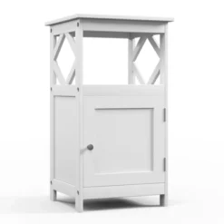 Tangkula Bathroom Floor Cabinet Single Door Storage Cabinet With Open Compartment Anti-Toppling Device Grey/White -Tangkula GUEST 7536ae98 9da4 4651 81a5 c18784f4b469