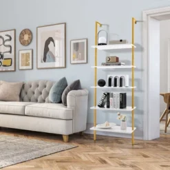 Tangkula 5 Tier Ladder Shelf 71" Open Wall-Mounted Bookcase With Golden Steel Frame -Tangkula GUEST 7542533a 8f5b 4abb 955d a7b9dd3a5eb8