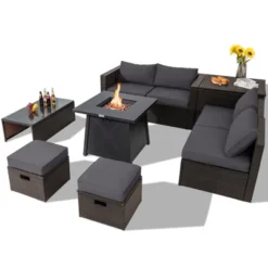 Tangkula 9PCS Outdoor Patio Furniture Set With 30" Propane Fire Pit Table PE Wicker Space-Saving Sectional Sofa Set W/ Storage Box & Cushions -Tangkula GUEST 77f1c9ad a4d5 4201 9709 d012efe6db5d