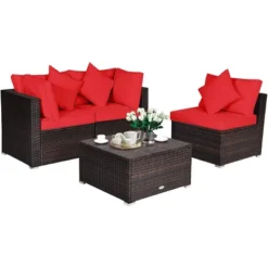 Tangkula 4-Piece Outdoor Rattan Sofa Set Sectional Conversation Couch Ottoman Turquoise/Red -Tangkula GUEST 784a0625 e0de 4630 ad32 3adfc38eb40f